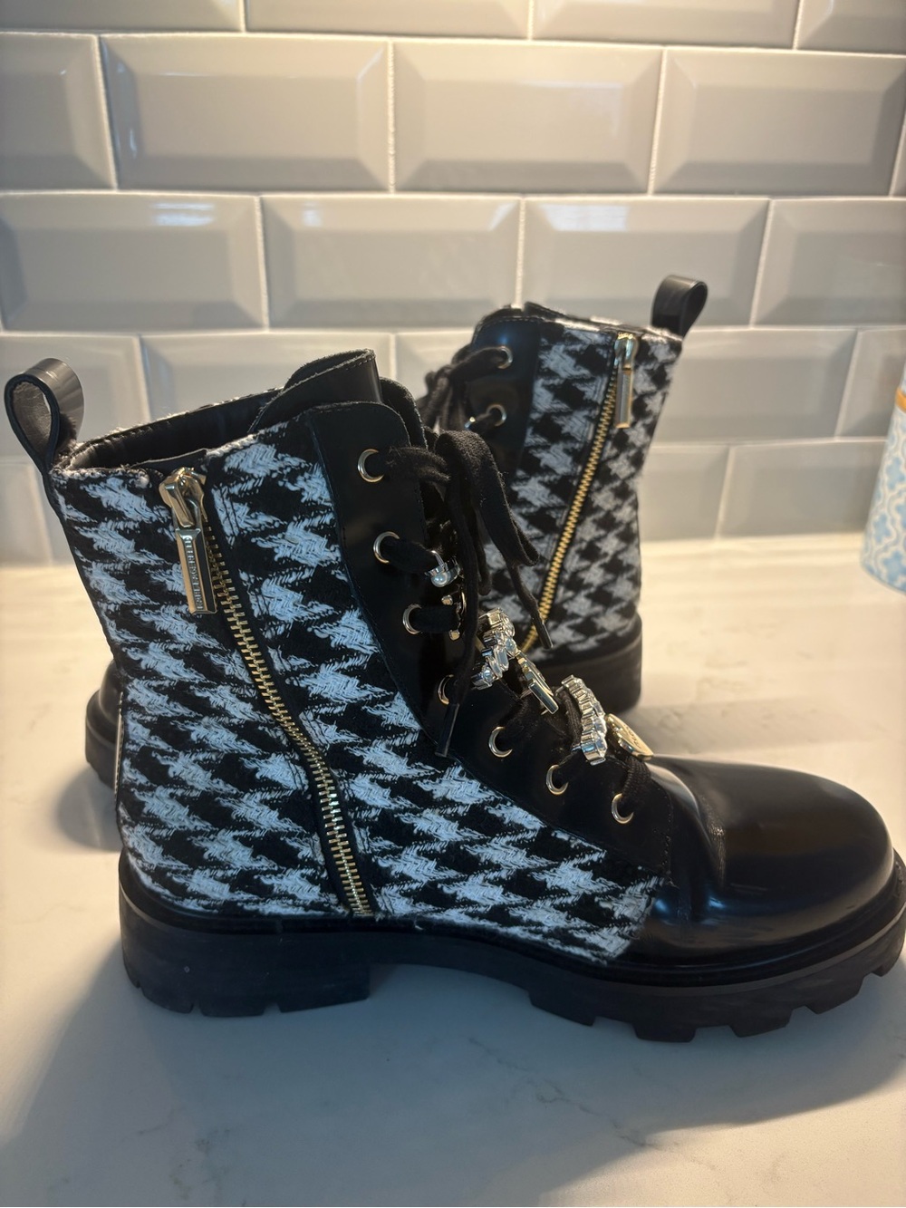 Karl Lagerfeld Black and White Houndstooth Leather Combat Booties - Picture 4 of 9